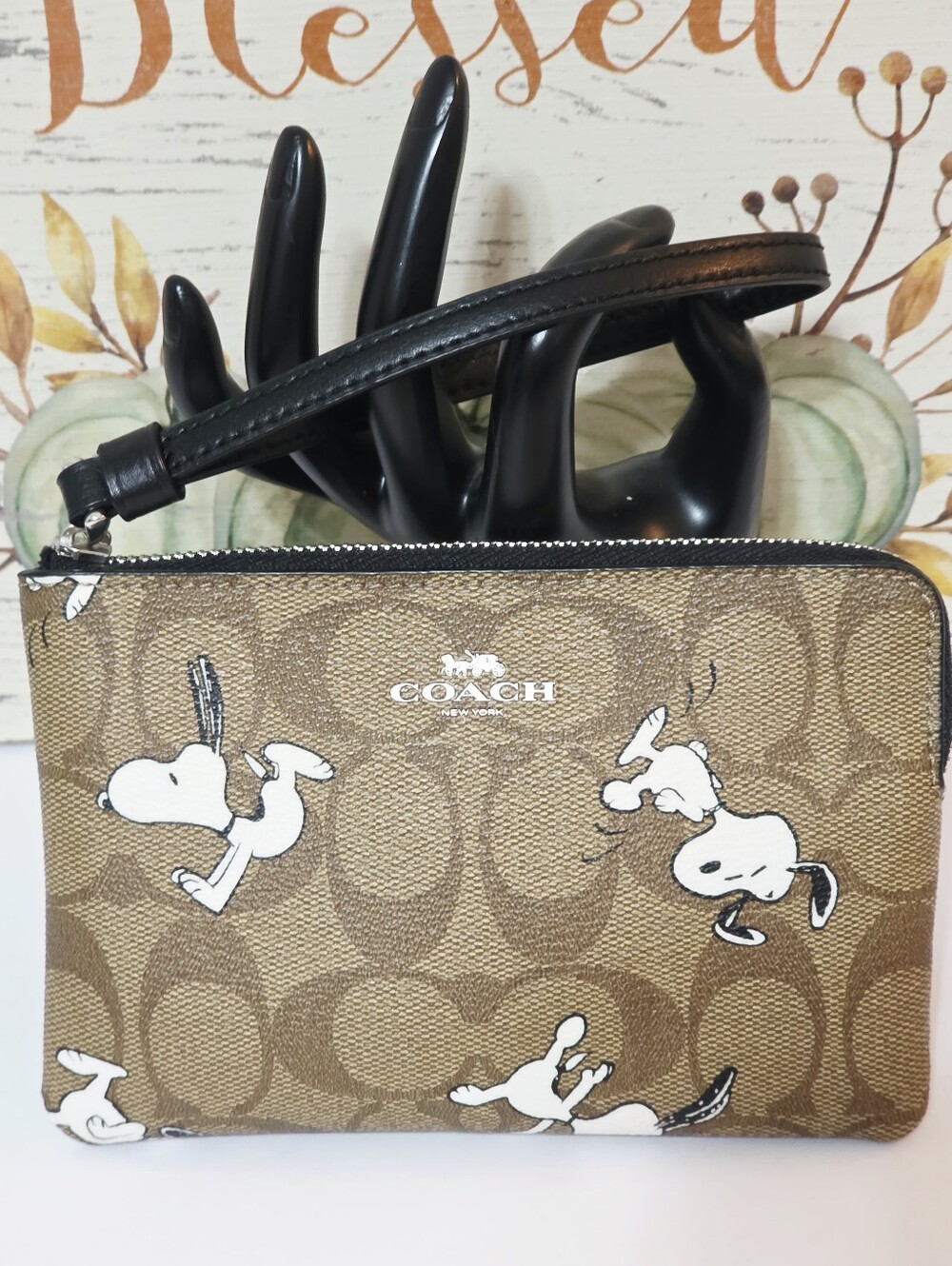 Coach Snoopy Dancing Peanuts Corner Zip Wristlet Card Holder Bag Signature C4589